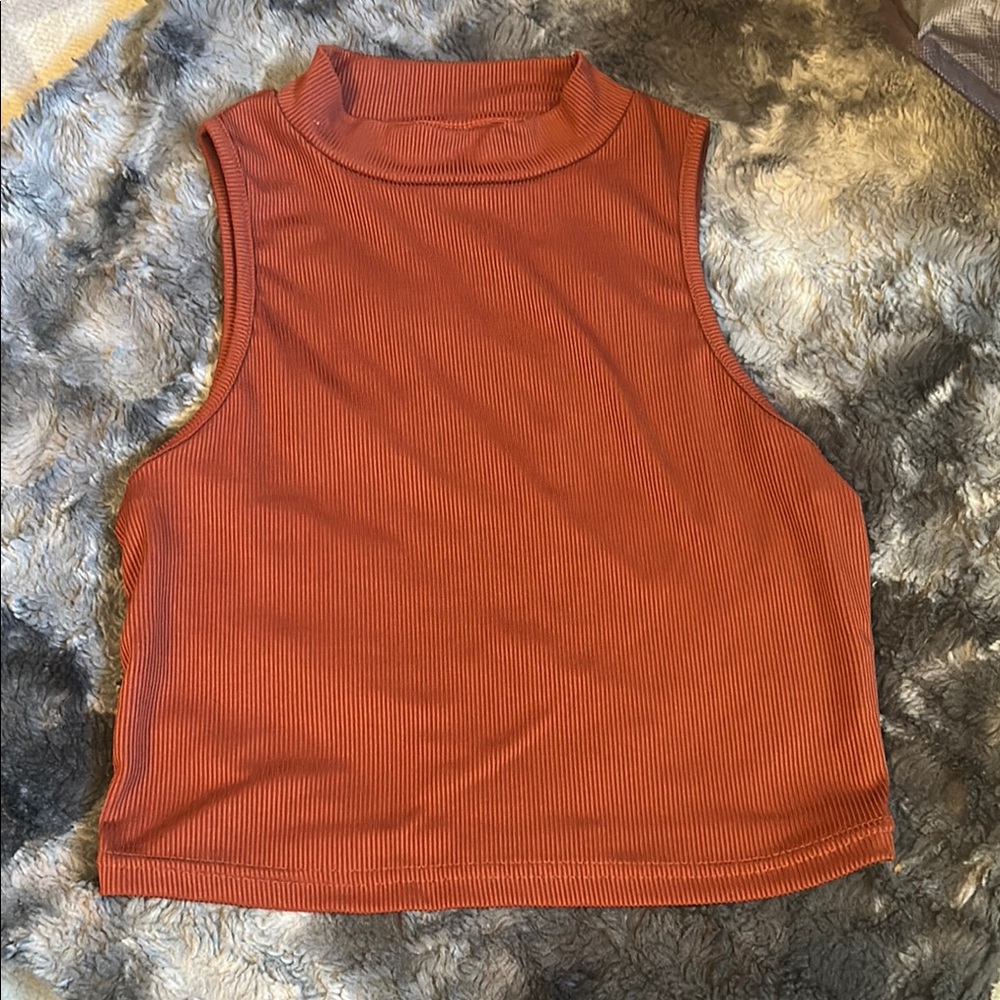 Orange Sleeveless Crop Muscle Tee with Mandarin Collar